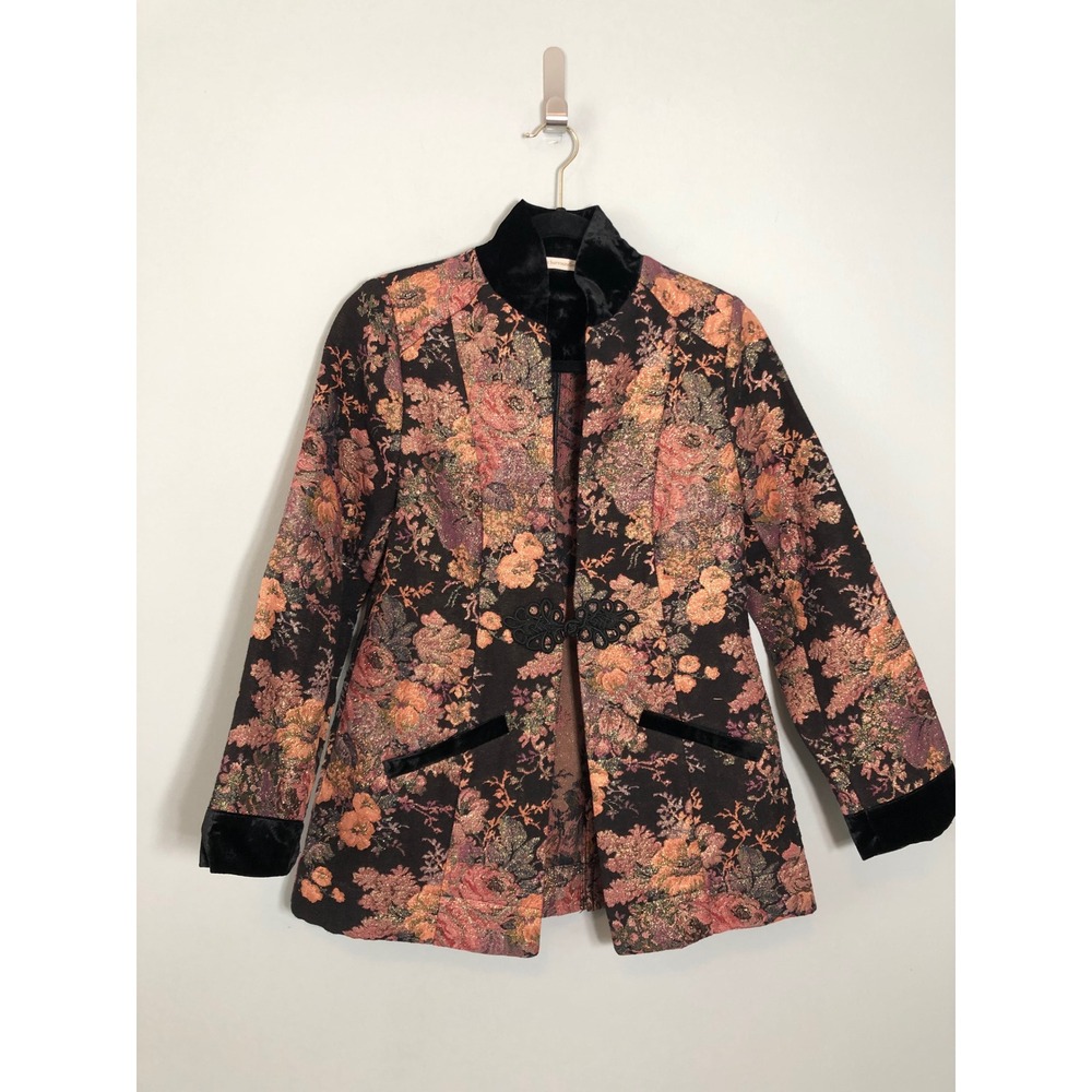 Soft Surroundings Tapestry Jacket Women PXS Black Pink Floral Velvet Frog Coat